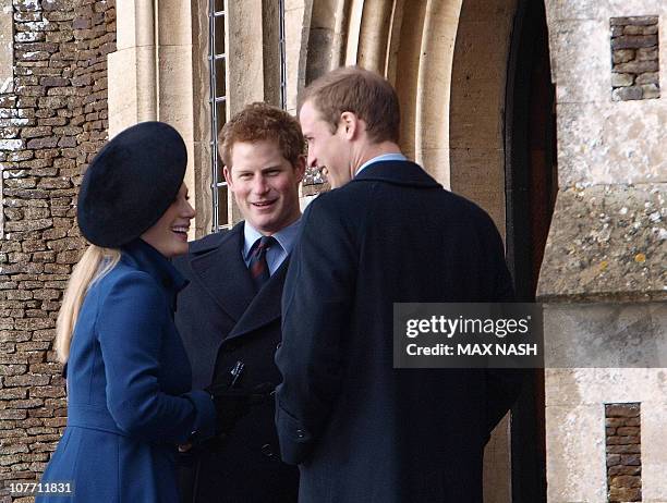 Britain's Prince William , his brother Harry and Princess Anne's daughter Zara Phillips chat outside the Sandringham Church after the Christmas Day...