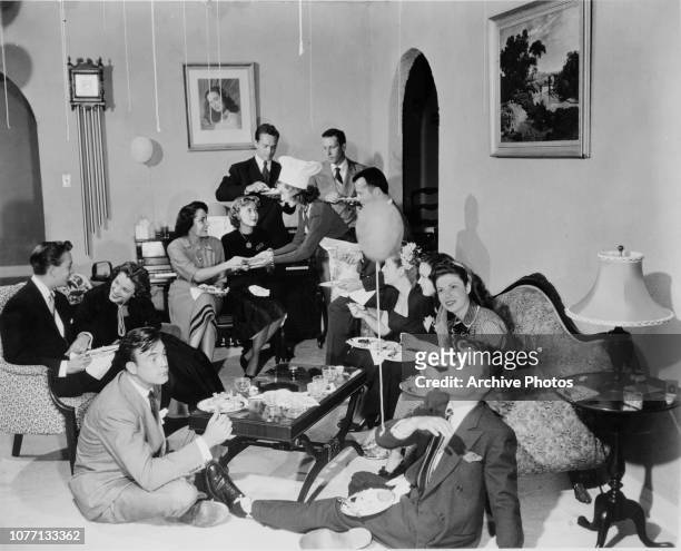 Hollywood party hosted by actress Ann Blyth, and attended by Scott Brady, Mel Tormé, Susan Perry, Elizabeth Taylor, Jane Powell, Douglas Dick, Arthur...