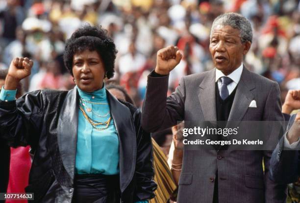 Leader Nelson Mandela with his wife Winnie in Soweto, Johannesburg, during a rally held to celebrate his release from prison, 13th February 1990.