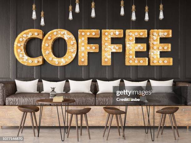 light bulb coffee shop sign on black brick wall - coffee logo stock pictures, royalty-free photos & images