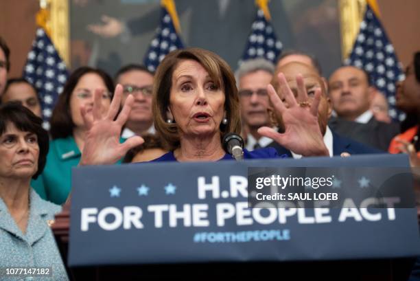 Speaker of the House Nancy Pelosi , Democrat of California, speaks alongside Democratic members of the House about H.R.1, the "For the People Act,"...