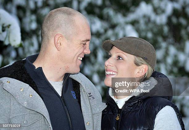 Zara Phillips and her fiance Mike Tindall pose at their Gloucestershire home, after they announced their engagement on December 21, 2010 in...