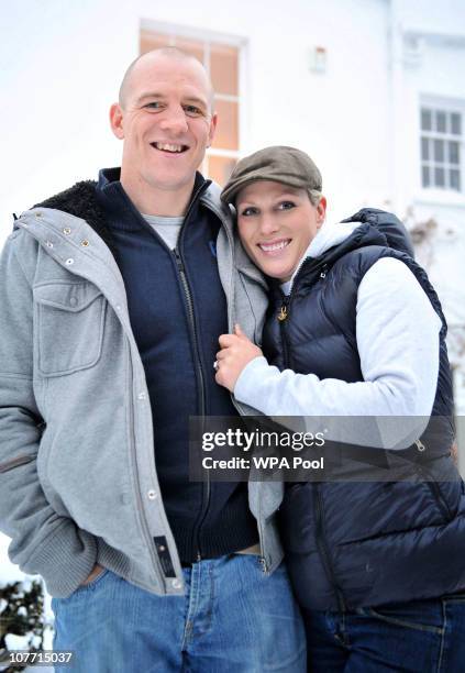 Zara Phillips and her fiance Mike Tindall pose at their Gloucestershire home, after they announced their engagement on December 21, 2010 in...