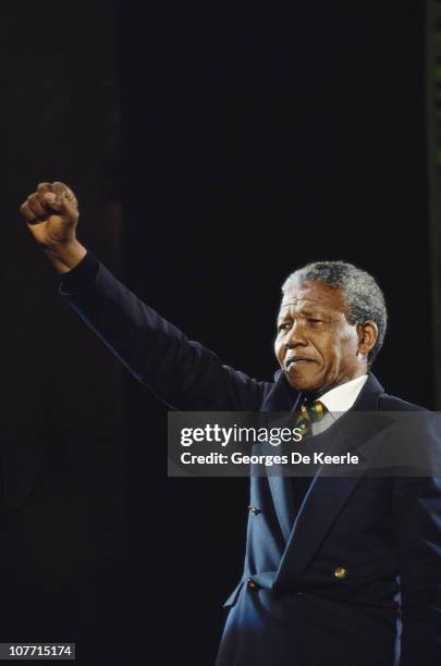 Nelson Mandela attends a concert in the UK to celebrate his release from prison, 16th April 1990.