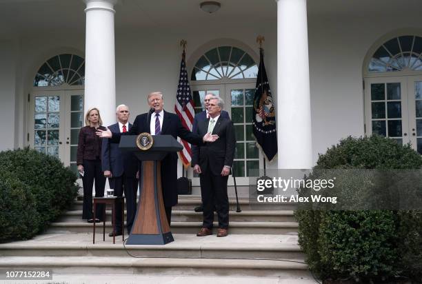 President Donald Trump speaks in the Rose Garden as he is joined by Secretary of Homeland Security Kirstjen Nielsen, Vice President Mike Pence, Rep....