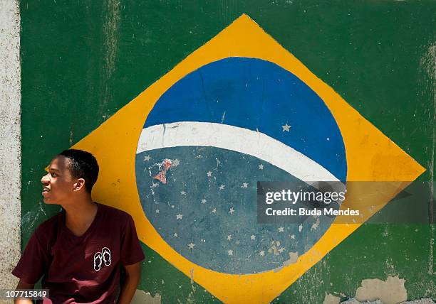 Boy sits next to a wall with the Brazilian flag painted on during the unveiling of a cable Car system at the Alemao complex of favelas on December...