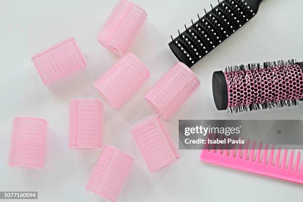 set of professional hairdresser tools on white background - papiljott bildbanksfoton och bilder