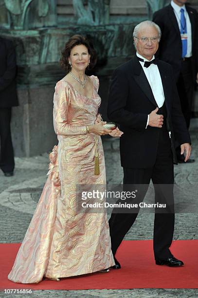 Queen Silvia of Sweden and King Carl Gustaf of Sweden attend the Government Gala Performance for the Wedding of Crown Princess Victoria of Sweden and...