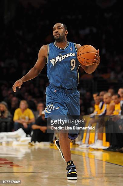 Gilbert Arenas of the Washington Wizards drives the ball upcourt during the game against the Los Angeles Lakers at Staples Center on December 7, 2010...