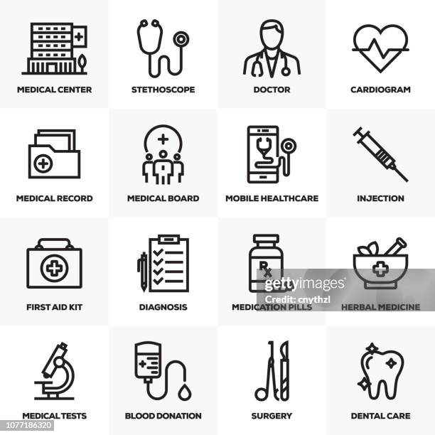 healthcare and medicine line icons set - diagnostic medical tool stock illustrations