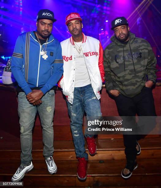 Ace, DJ Infamous and DJ Tephlon attend Lil Baby Birthday Bash at Ravine on November 4, 2018 in Atlanta, Georgia.