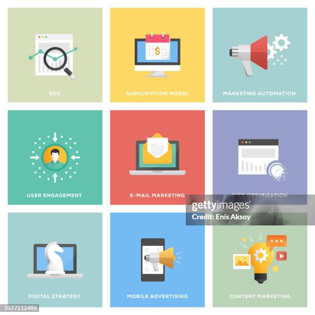 illustrazioni stock, clip art, cartoni animati e icone di tendenza di set di icone di marketing digitale - gestione delle relazioni con i clienti