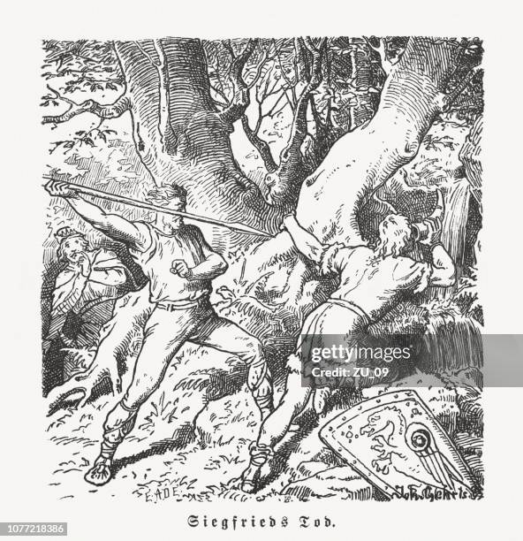 hagen murders siegfried (nibelungenlied), wood engraving, published in 1900 - sigurd mythological character stock illustrations