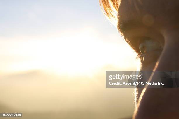 detail of young man's eye surveying distant horion - guardare in una direzione foto e immagini stock