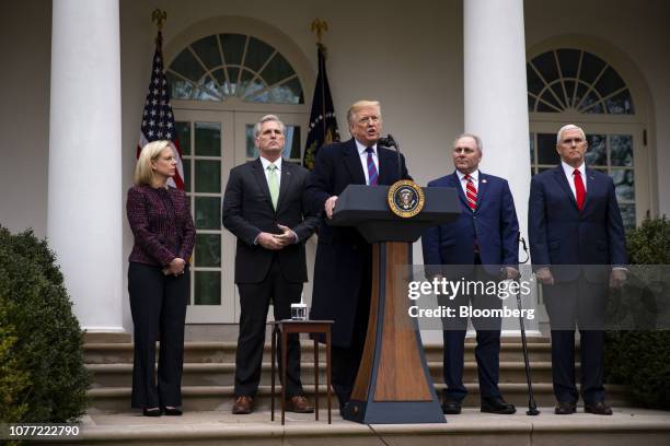 President Donald Trump, center, speaks while Kirstjen Nielsen, U.S. Secretary of Homeland Security , from left, House Minority Leader Kevin McCarthy,...