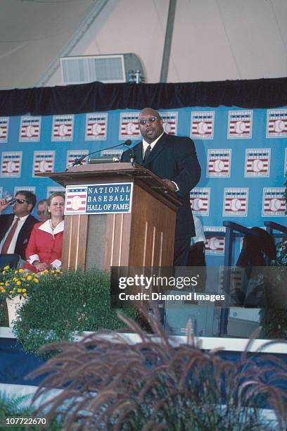Former outfielder Kirby Puckett of the Minnesota Twins delivers his acceptane speech during the National Baseball Hall of Fame Induction Ceremonies...
