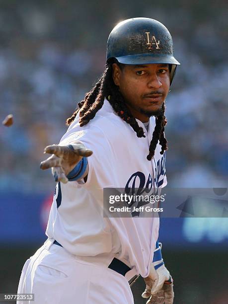 Manny Ramirez of the Los Angeles Dodgers plays against the New York Yankees in the interleague game at Dodger Stadium on June 27, 2010 in Los...