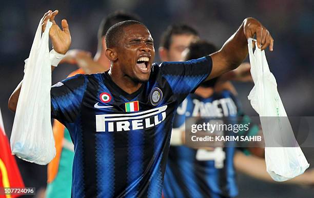 Inter Milan's Cameroonian striker Samuel Eto'o celebrates after scoring his team's second goal against TP Mazembe during their 2010 FIFA Club World...