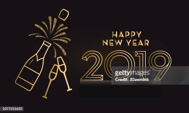 illustrations, cliparts, dessins animés et icônes de vacances nouvelles années salutation de bannière sur le design avec les icônes de l’art ligne - champagne or
