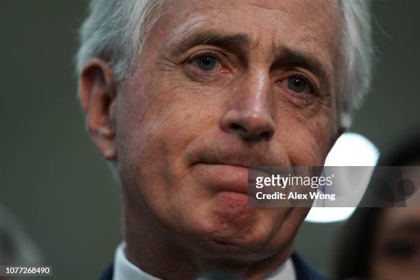 Sen. Bob Corker speaks to members of the media after a closed door briefing by Central Intelligence Agency Director Gina Haspel to members of Senate...
