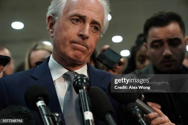 Sen. Bob Corker speaks to members of the media after a closed door briefing by Central Intelligence Agency Director Gina Haspel to members of Senate...