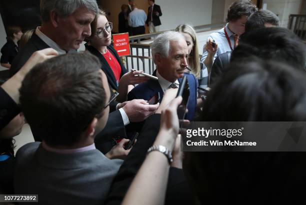 Sen. Bob Corker responds to questions from reporters following a closed briefing at the U.S. Capitol by CIA Director Gina Haspel for U.S. Senate...