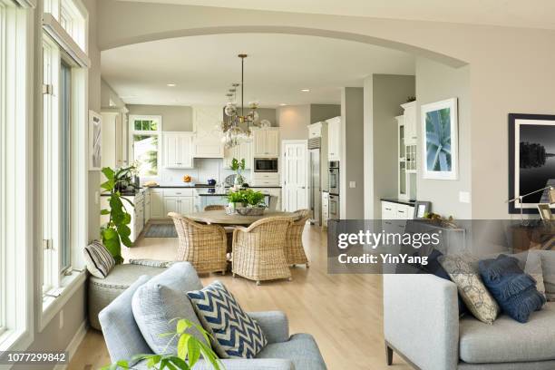 modern kitchen living room hone design with open concept - quartz kitchen stock pictures, royalty-free photos & images