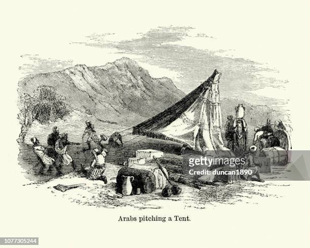 arabs pitching a tent, 19th century - arabian tent stock illustrations