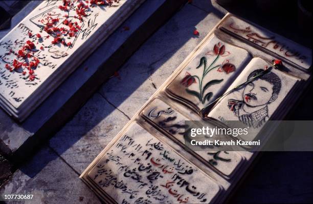 Flowers and tomb stone decoration on the site where Seyed Mohammad Mir-Younesi, a fallen victim of Iran-Iraq war is buried, in Behesht Zahra cemetry,...