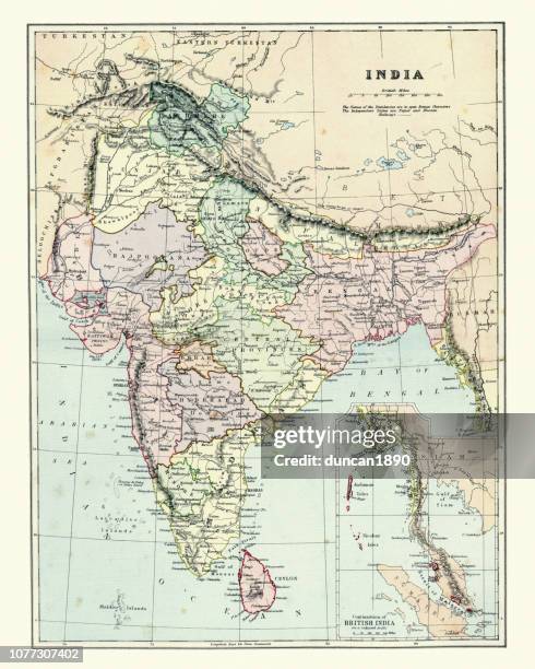 antique map of india, 1880s, 19th century - s dynasty stock illustrations