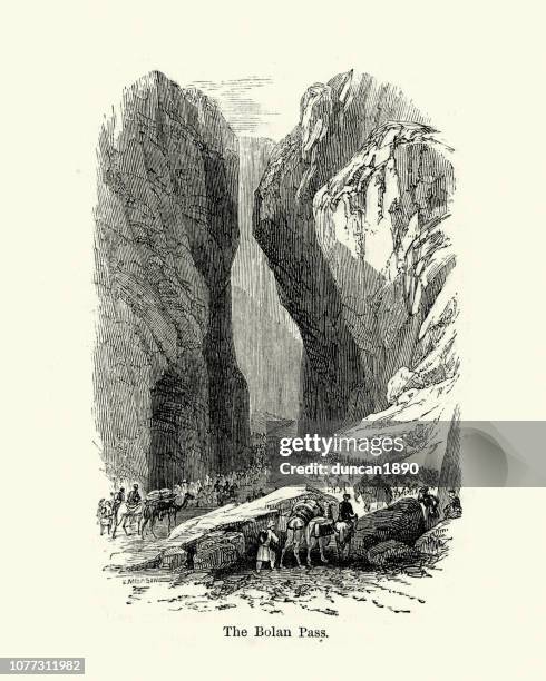 people travelling through the bolan pass, pakistan, 19th century - bolan pass stock illustrations