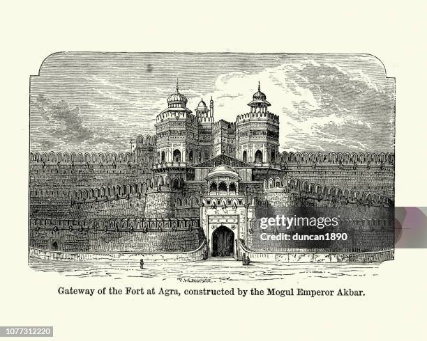 agra fort, constructed by mogul emperor akbar - agra fort stock illustrations