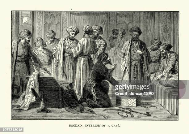 scene in a cafe in baghdad, 19th century - old baghdad stock illustrations