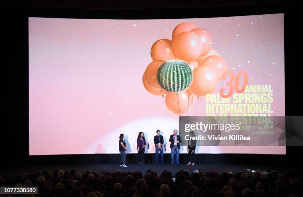 Celine Roustan, Dava Whisenant, Ozzy Inguanzo, Steve Young, and Melody Rogers attend a screening of "Bathtubs Over Broadway" at the 30th Annual Palm...