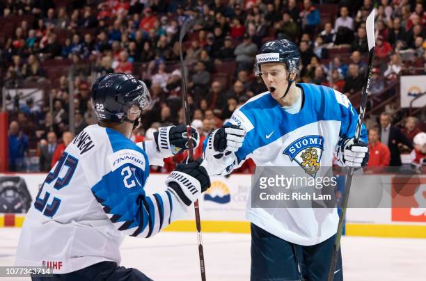 Jesse Ylonen of Finland is congratulated by teammate Santeri Virtanen after scoring a goal against Switzerland in Semifinals hockey action of the...
