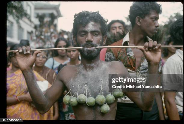 Hindu ascetic hangs limes from hooks pierced into his chest and pierces his mouth with a long stick on the festival of Thaipusam. Singapore.