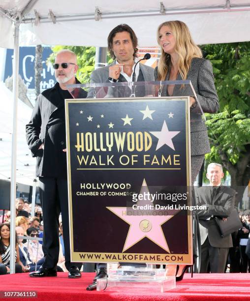 Ryan Murphy, Brad Falchuk and Gwyneth Paltrow attend a ceremony honoring Ryan Murphy with a star on The Hollywood Walk of Fame on December 04, 2018...