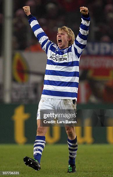 Julian Koch of Duisburg celebrates after scoring his teams second goal during the DFB Cup round of sixteen match between 1. FC Koeln and MSV Duisburg...