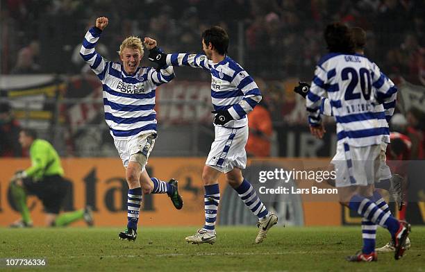 Julian Koch of Duisburg celebrates after scoring his teams second goal during the DFB Cup round of sixteen match between 1. FC Koeln and MSV Duisburg...