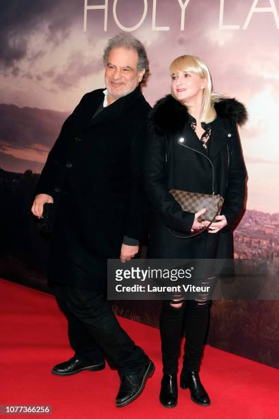 Humorist Raphael Mezrahi and Guest attend "Holy Lands" Paris Premiere at Cinema UGC Normandie on December 04, 2018 in Paris, France.