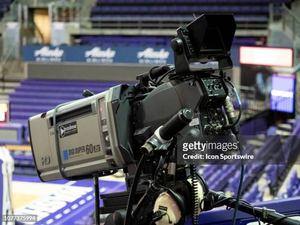 General view of a PAC 12 Network tv camera before a college basketball game between the Washington Huskies against the Cal State Fullerton Titans on...