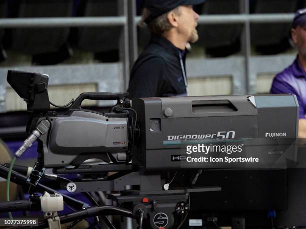 General view of a PAC 12 Network tv camera before a college basketball game between the Washington Huskies against the Cal State Fullerton Titans on...