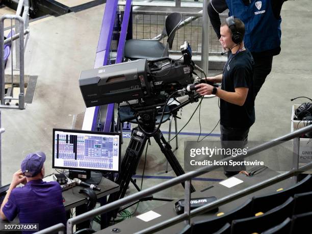 General view of a PAC 12 Network tv camera before a college basketball game between the Washington Huskies against the Cal State Fullerton Titans on...