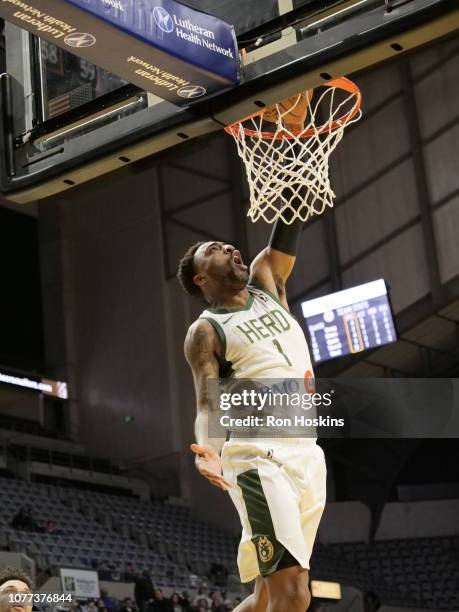 James Young of the Wisconsin Herd jams on the Mad Ants on January 4 2019 at Memorial Coliseum in Fort Wayne, Indiana. NOTE TO USER: User expressly...