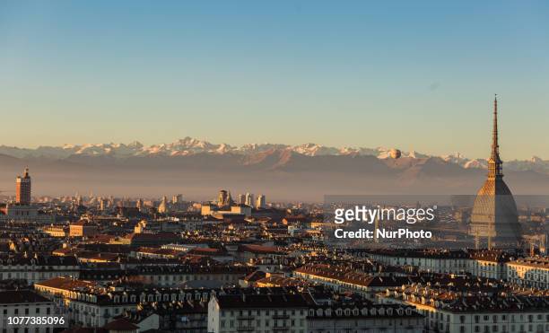 View from the Monte dei Cappuccini on the capital of the Northern Italien region Piedmont Turin, on January 4, 2019. The Mole Antonelliana is seen on...