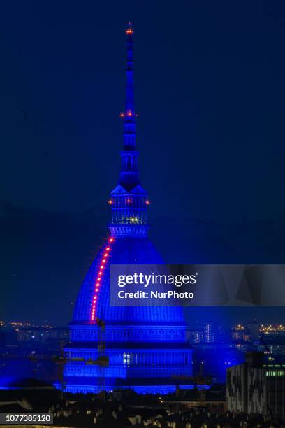 The illuminated Mole Antonelliana at night, on January 4, 2019. View from the Monte dei Cappuccini on the capital of the Northern Italien region...