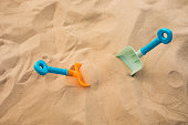 Shovel toy on sand,beach summer and vacation concepts