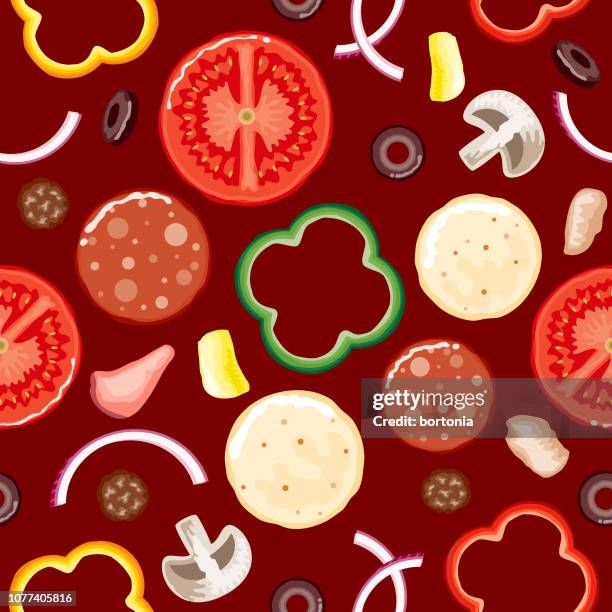 pizza toppings seamless pattern - pizza toppings stock illustrations