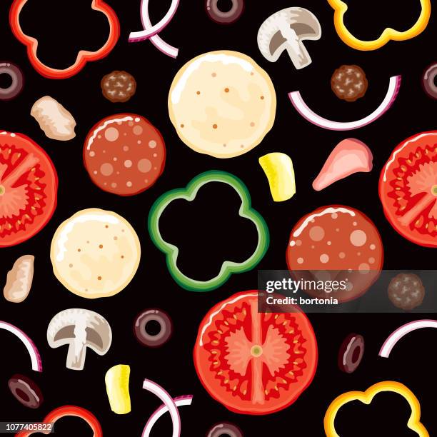 pizza toppings seamless pattern - hawaiian pizza stock illustrations