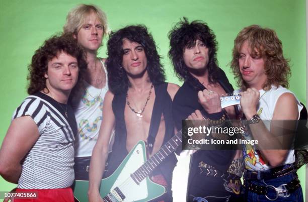 Drummer Joey Kramer, guitarist Brad Whitford, guitarist Joe Perry, singer Steven Tyler and bassist Tom Hamilton of the rock group Aerosmith pose for...
